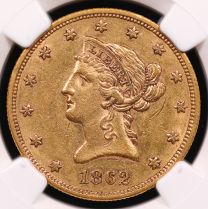 1862 $10 Liberty Head Gold Eagle – NGC AU55