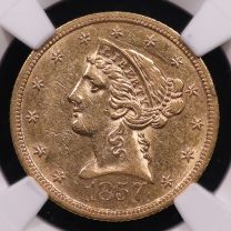 1857-S $5 Liberty Head Half Eagle – NGC AU55