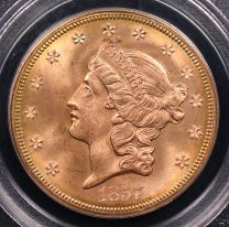1857-S $20 Liberty Head Double Eagle “S.S. Central America” Spiked Shield Variety – PCGS MS64 