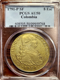 1791-P-SF Colombia 8 Escudo – PCGS AU50  | In Holder