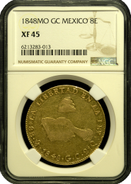1748-MO-GC Mexico 8 Escudo Gold Coin – "Hand on Book" | NGC  XF45 | In Holder