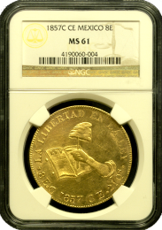 1857-CE Mexico 8 Escudo Gold Coin – “Hand on Book” | NGC MS61 | In Holder