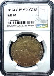 1859 Mexico | Hand on Book | 8-Escudo | NGC AU50 | In Holder